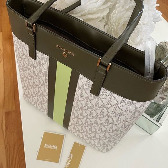 SOLD .……NWT. Michael Kors Center Stripe Morgan Olive / Multi large tote. - Picture 2 of 6
